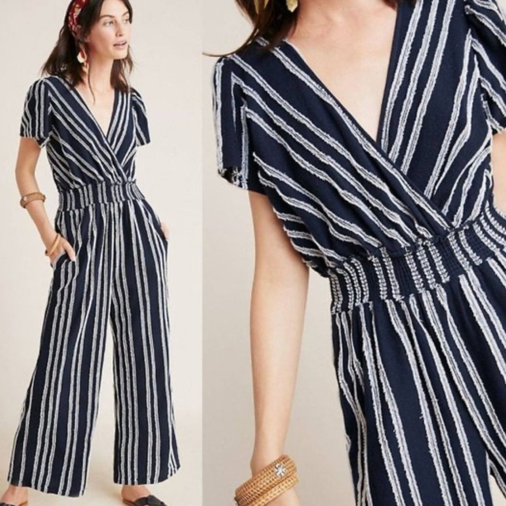 Anthropologie Women's Blue and White Jumpsuit Size Medium